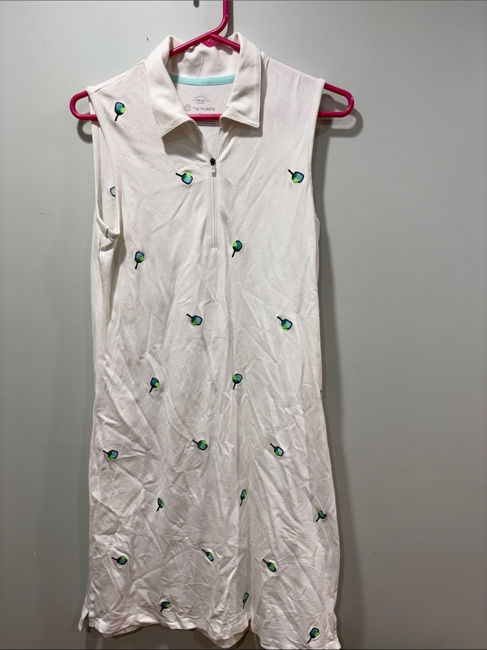 Talbots Sleeveless White Polo Dress with  Embroidered pickleball paddles.